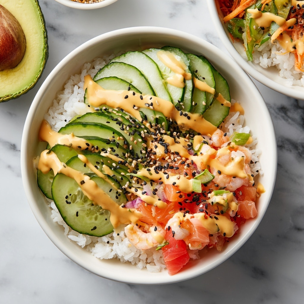 A white bowl contains a poke bowl with three main layers: the bottom layer is plain white rice, the middle layer has thin cucumber slices and small pieces of light pink raw fish arranged neatly over the rice, and the top layer is orange spicy mayo sauce drizzled over everything. Black and white sesame seeds are sprinkled on top, adding texture and contrast. In the background, there is a halved avocado and another white bowl with mixed salad, all placed on a white marbled surface. Photo taken with an iphone --ar 4:5 --v 7