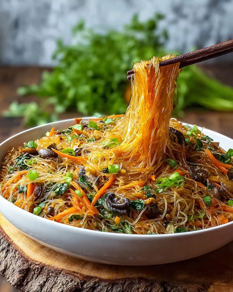 A close-up view of a large white bowl filled with glass noodles mixed with thin orange carrot strips, dark brown mushrooms, bright green leafy vegetables, and sprinkled with chopped green onions. The noodles appear glossy and slightly translucent, with a woman’s hand using dark brown chopsticks to lift a bundle of the noodles from the bowl. The bowl rests on a wooden surface with a blurred green herb in the background, all set against a white marbled texture. The colors are warm and earthy, and the textures show the soft noodles and fresh vegetables clearly. photo taken with an iphone --ar 4:5 --v 7