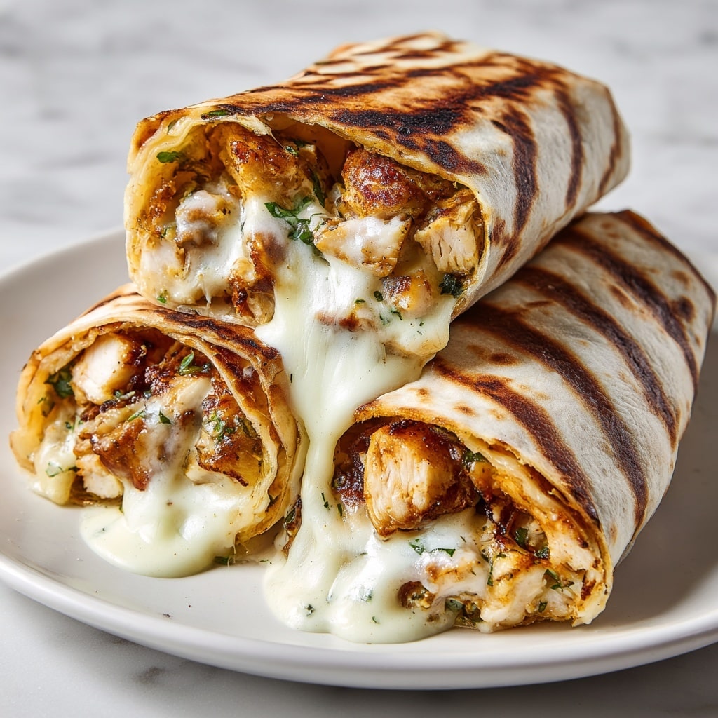 The image shows two grilled wraps placed close together on a white plate with a white marbled surface beneath. Each wrap has a golden-brown toasted exterior with char marks and is stuffed with layers of melted cheese, tender grilled chicken pieces with a light brown crust, and small flecks of green herbs scattered throughout. The cheese appears creamy and slightly gooey, oozing out a little from the edges. The wraps are cut open at one end, showcasing their rich, textured filling. Photo taken with an iphone --ar 4:5 --v 7