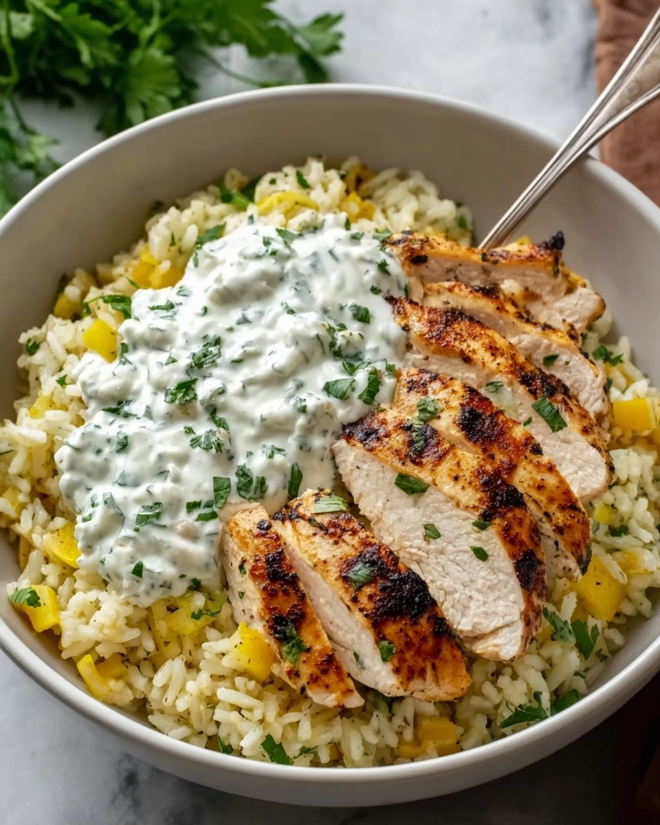 This image shows a white bowl filled with a meal that has three parts. The bottom layer is fluffy yellow rice with small white pieces mixed in, spread evenly across the bowl. On top and to the left, there are two pieces of grilled chicken breast with a golden-brown color and light grill marks, cut to show the inside texture. On the right side, a thick white sauce with green herb bits is generously spread over some rice. A spoon is placed inside the bowl on the right edge. The bowl is set on a white marbled surface with a blurred green plant visible in the background. Photo taken with an iphone --ar 4:5 --v 7