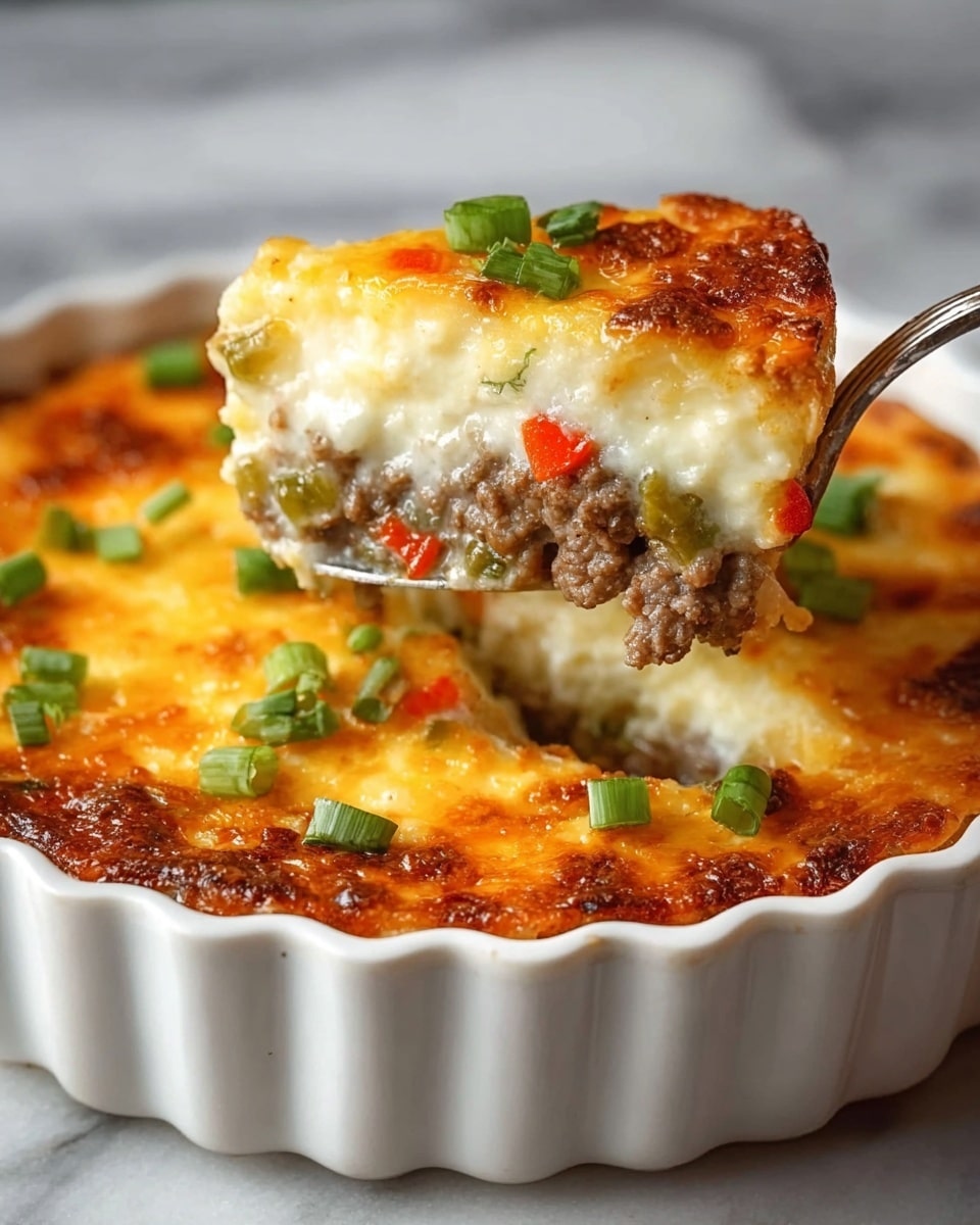 The image shows a white ceramic pie dish filled with a creamy baked casserole that has a golden brown, slightly crispy top layer. A silver serving spoon lifts a square piece from the dish, revealing three visible layers: the top layer is melted cheese with browned spots; the middle layer is a mix of cooked ground beef and creamy white sauce with small bits of green and red peppers; the bottom layer, barely visible beneath, appears creamy and white. The casserole surface and the lifted piece are garnished with sliced green onion pieces. The dish sits on a white marbled surface. photo taken with an iphone --ar 4:5 --v 7