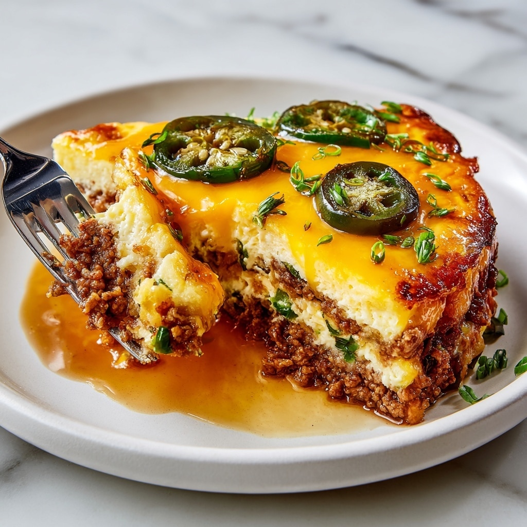 The image shows a close-up of a layered dish on a white plate with a white marbled background. The dish has at least three layers: the bottom layer is light yellow and creamy, the middle layer is made of cooked ground beef with a crumbly texture, and the top layer is melted bright yellow cheese with slices of green jalapeño peppers placed on top. Small green herb leaves are sprinkled on the cheese, adding a fresh touch. A portion of the dish is scooped out, with a mix of all the layers visible, and some reddish-brown sauce pools around the edge on the plate. Photo taken with an iphone --ar 4:5 --v 7