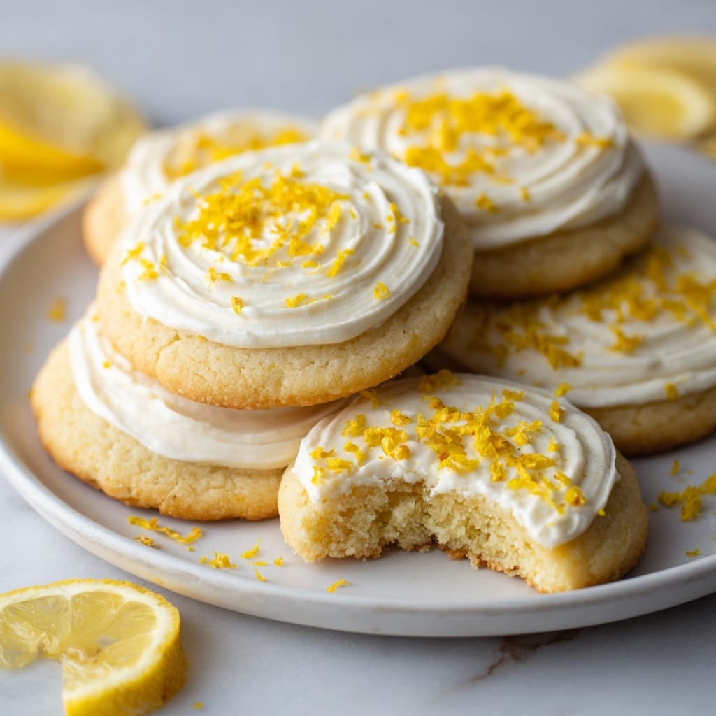 The image shows a white plate with six round lemon cookies arranged closely, each cookie having a light golden base with a soft texture. On top of each cookie is a thick, smooth layer of white frosting, applied in a spiral pattern starting from the center and moving outward. The frosting is decorated with bright yellow lemon zest scattered on top, adding a fresh contrast. One cookie in the front has a bite taken out, revealing a soft and airy inside. The plate sits on a white marbled surface with slices of bright yellow lemons and some scattered lemon zest around, enhancing the fresh, citrus look. Photo taken with an iphone --ar 4:5 --v 7