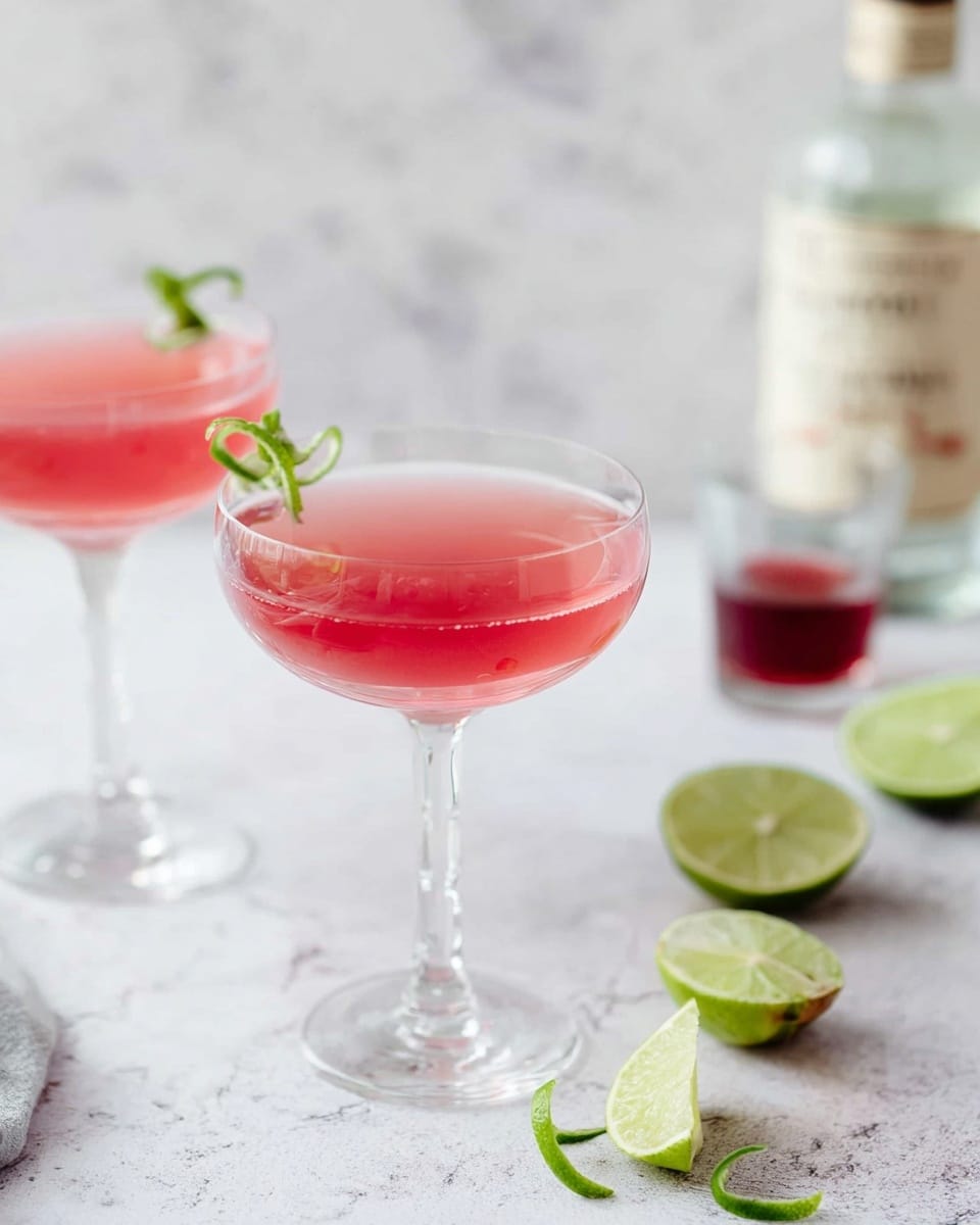 Two clear glass cocktail glasses filled with a smooth, bright pink liquid sit on a white marbled surface. Each glass is delicate with a thin stem and wide bowl. One glass in the foreground holds a garnish of a curled green lime peel resting on the rim. Lime wedges with varying textures and fresh green shades are scattered around the base of the glasses. In the background, a clear bottle of tequila with a beige label and a small glass filled with a dark red liquid add depth to the scene. The background is soft and blurred with a white marbled texture. Photo taken with an iphone --ar 4:5 --v 7