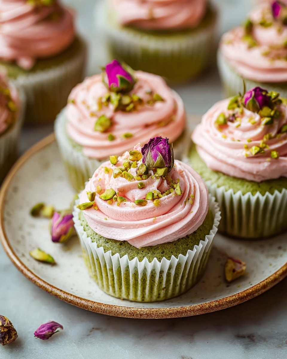 The image shows several green cupcakes each in white paper liners. Each cupcake has a thick swirl of soft pink frosting on top, decorated with chopped green pistachios scattered around. A small dried pinkish-purple rose bud rests on the center of the frosting swirl, adding an elegant touch. The cupcakes sit on a ceramic plate with earthy brown tones, all placed on a white marbled surface. The focus is on the front cupcakes with a blurred background showing more cupcakes. The scene feels warm and inviting, perfect for a delicate dessert setting. photo taken with an iphone --ar 4:5 --v 7