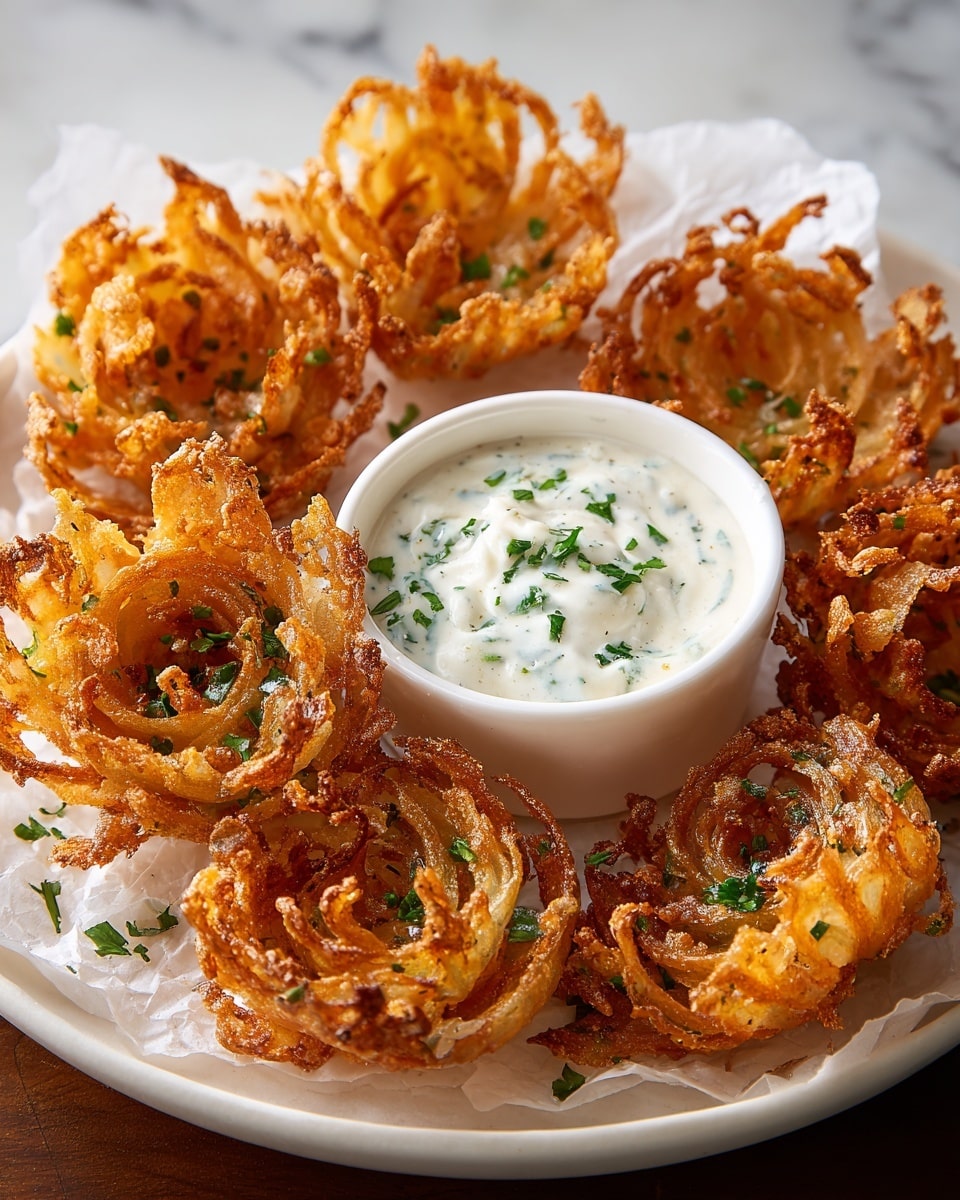 A white plate holds about eight crispy fried onion blossoms shaped like open flowers with thin, golden-brown petals and a crunchy texture, sprinkled with small green herb pieces on top. The onion blossoms surround a small white bowl filled with creamy, white dipping sauce that also has some finely chopped herbs sprinkled over it. The plate is lined with a piece of white paper underneath the onion blossoms, and the whole scene is set against a white marbled surface. photo taken with an iphone --ar 4:5 --v 7