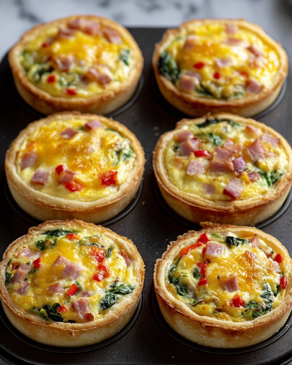 Six mini quiches are shown in a black muffin pan, each with a golden brown crust that looks thin and crisp. The filling has three visible layers: a base of light yellow egg custard, scattered small pieces of pink ham, green spinach leaves, and red bits of bell pepper evenly mixed throughout. The top layer is melted cheese, shiny and slightly browned in spots, giving the quiches a rich texture. The edges of the crust rise above the filling, showing a nice contrast between the flaky crust and creamy filling. The pan sits on a white marbled surface photo taken with an iphone --ar 4:5 --v 7