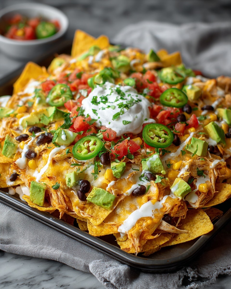 A black rectangular tray filled with one layer of yellow corn tortilla chips topped with shredded cooked chicken and melted light orange cheddar cheese spread evenly. On top, there is a mix of diced green avocado, red tomato chunks, black beans, yellow corn kernels, and slices of bright green jalapeño scattered throughout. A large dollop of white sour cream sits in the center, garnished with small green herb pieces. Two small white bowls with green toppings sit blurred in the background. The tray is on a dark cloth over a white marbled surface. Photo taken with an iphone --ar 4:5 --v 7
