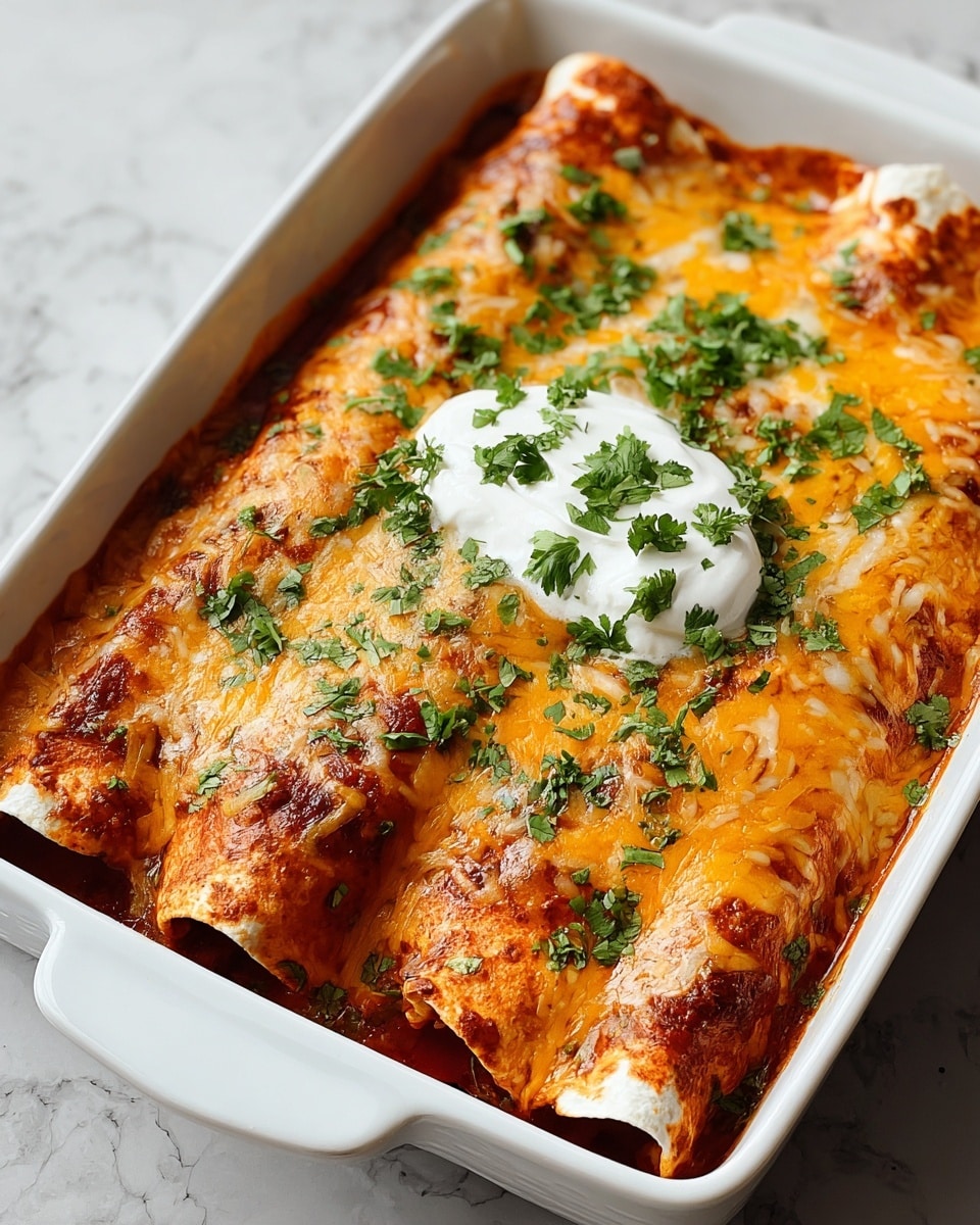 Three rolled enchiladas sit side by side in a white rectangular baking dish. Each enchilada is covered with a layer of melted cheese that is golden yellow with some browned spots. Below the cheese is a rich, red enchilada sauce that peeks through the edges and around the enchiladas. A dollop of white sour cream topped with green chopped cilantro rests in the middle on top of the cheese. The enchiladas themselves have visible meat filling inside the tortilla ends. The baking dish is placed on a white marbled surface with blurred white bowls in the background. photo taken with an iphone --ar 4:5 --v 7