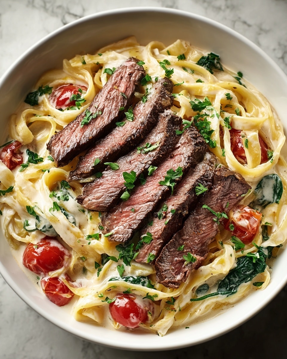 A white bowl filled with creamy fettuccine pasta coated in a light off-white sauce mixed with green spinach leaves and halved red cherry tomatoes. On top, five slices of medium-rare steak with a juicy pink center and charred dark brown edges are arranged in a fan shape. Fresh green parsley is sprinkled over the pasta and steak, adding a bright contrast. The bowl sits on a white marbled textured surface. photo taken with an iphone --ar 4:5 --v 7