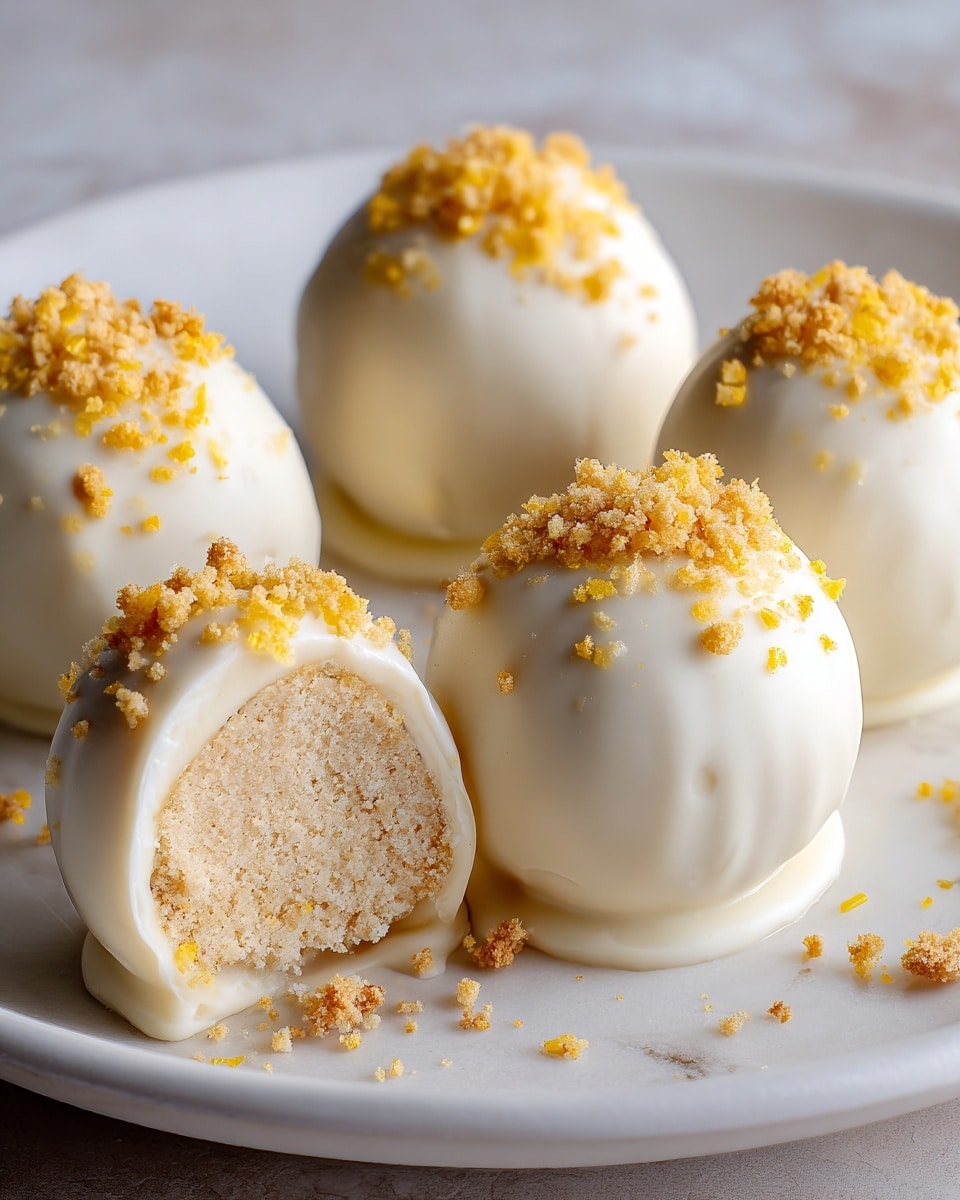 Five round treats sit on a white plate, each coated in a smooth, creamy white layer. The outer layer is thick and glossy, covering a crumbly tan interior that looks soft and dense. The top of each treat is decorated with small sprinkles of crushed crumbs and thin, bright yellow zest, adding texture and a pop of color. One of the treats is bitten into, showing the layered contrast between the creamy outer coat and the crumbly filling inside. The plate rests on a white marbled surface. photo taken with an iphone --ar 4:5 --v 7