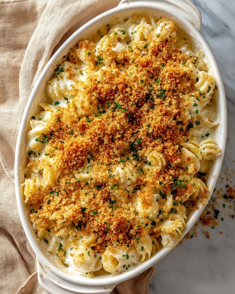 A white oval dish filled with creamy macaroni pasta, coated in a thick, smooth cheese sauce. The top layer is covered with a golden brown, crispy breadcrumb crust, sprinkled with small green herb flakes. The pasta beneath is a soft yellow color, with the cheese sauce blending into the spiraled pasta shapes. The dish is placed on a white marbled surface with some crumbs scattered around it, and a white cloth napkin is partially visible beside the dish. photo taken with an iphone --ar 4:5 --v 7