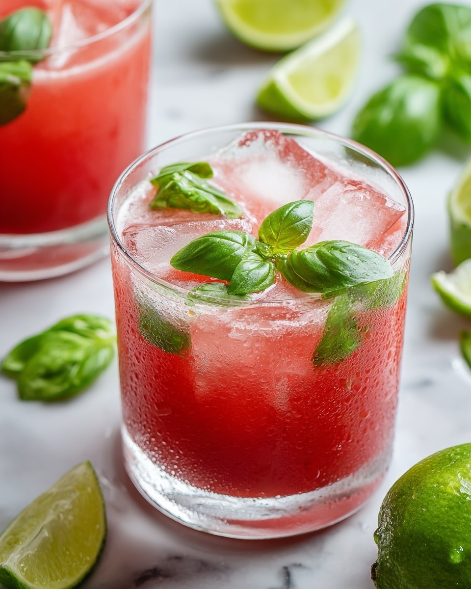 A clear short glass filled with a bright red drink that has a slightly frothy texture at the bottom and middle layers, mixed with translucent ice cubes throughout. Fresh, glossy green basil leaves are partly submerged inside the drink and also float on top, adding a pop of color and texture. The glass sits on a white marbled surface with lime wedges and more basil leaves scattered around. Another similar glass is partially visible in the background, also filled with the same red drink and ice. Photo taken with an iphone --ar 4:5 --v 7