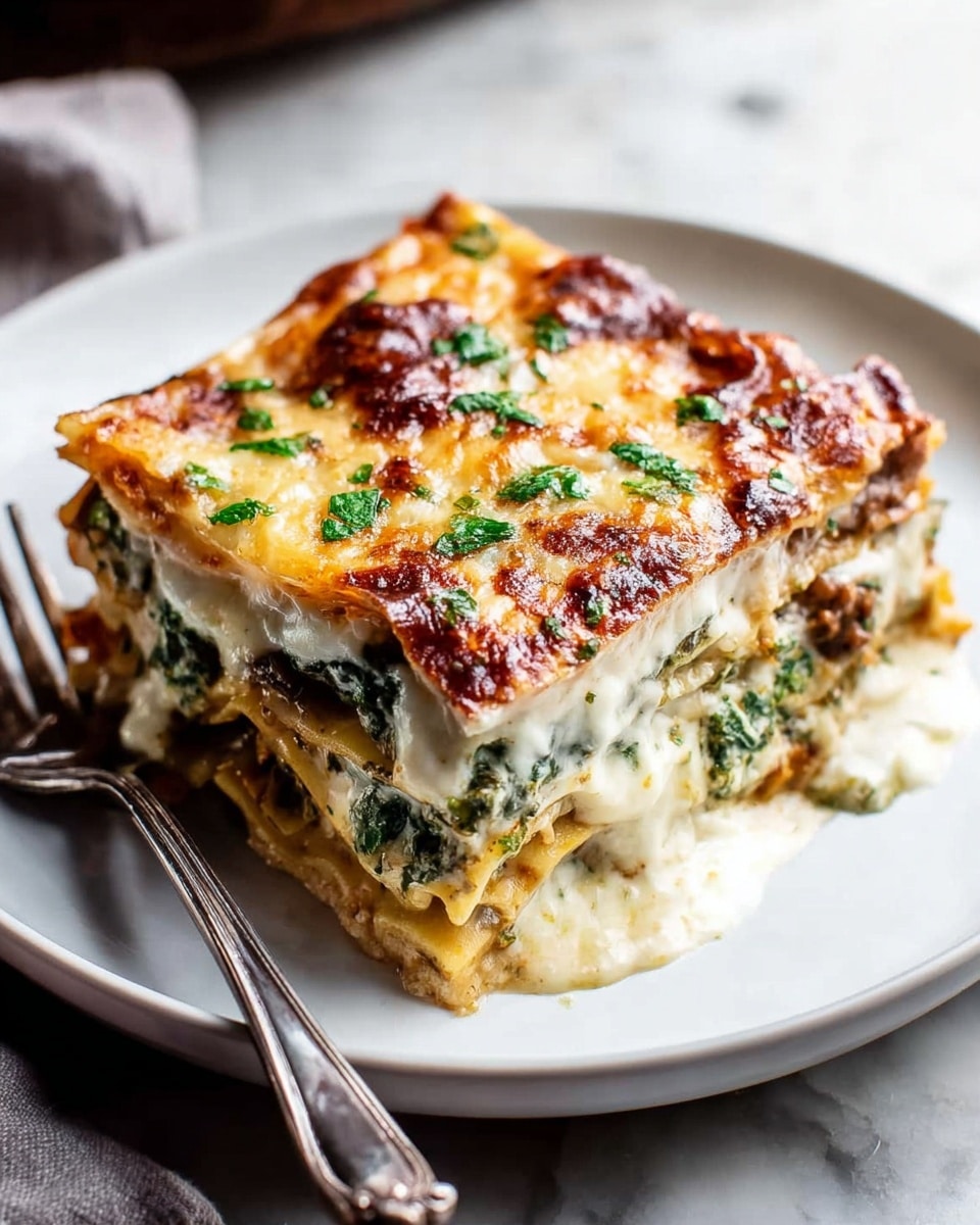 A slice of creamy lasagna sits on a white plate, showing four visible layers: the bottom pasta layer in pale yellow, a thick green spinach and herb layer above it, followed by a white creamy cheese sauce layer with mushrooms, and topped with a golden browned cheese crust sprinkled with chopped green herbs. A silver fork rests next to the lasagna on the plate. The background has a soft beige cloth and a white marbled surface is beneath the plate. Photo taken with an iphone --ar 4:5 --v 7