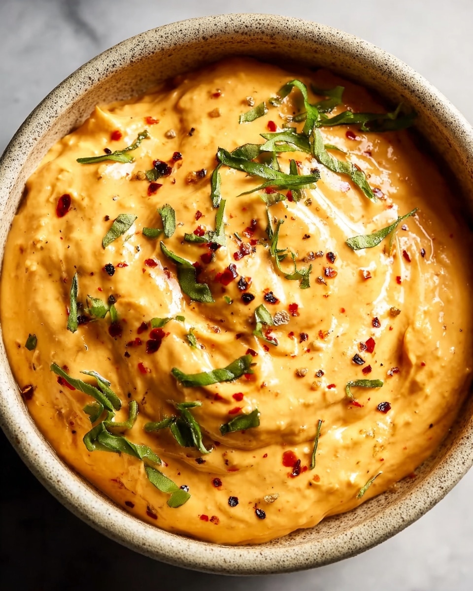 The image shows a bowl filled with a thick, creamy orange sauce that has a smooth texture with small green herb pieces sprinkled on top. The sauce has a slight swirl in the middle, adding depth to the texture, and is garnished with black pepper and herbs, giving a fresh and slightly speckled look. The bowl is gray and placed on a white marbled texture surface, highlighting the vibrant color of the sauce. photo taken with an iphone --ar 4:5 --v 7