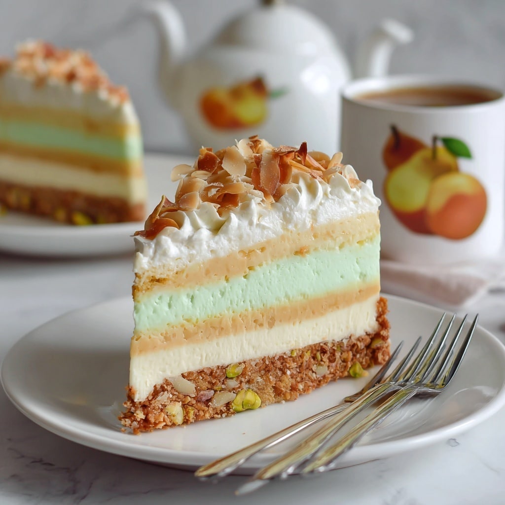 The image shows a white plate with a square slice of pistachio dessert placed on a white marbled surface. The dessert has four layers: the bottom layer is a chunky, nutty crust with visible walnut pieces, above it is a smooth, creamy white layer, followed by a soft, light green pistachio-flavored layer, and topped with a thick, fluffy white layer of whipped cream sprinkled with toasted almond slices. In the background, there is another plate with a similar slice and a white teapot and mug decorated with fruit designs, resting on the same white marbled surface. photo taken with an iphone --ar 4:5 --v 7