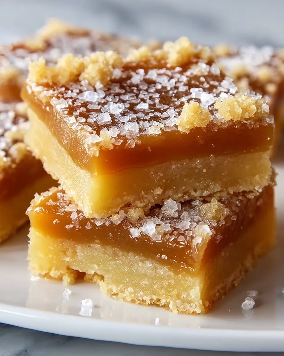 The close-up image shows two square dessert bars stacked on each other on a white plate, set against a white marbled surface. Each bar has three visible layers: the bottom layer is a pale golden, dense and slightly crumbly crust; the middle layer is a thick, smooth, caramel-colored filling; and the top layer is a crumbly golden crust with some small chunks and a light dusting of white powdered sugar scattered unevenly across the surface. The texture of the bars looks soft and moist with a subtle shine from the caramel layer. Photo taken with an iphone --ar 4:5 --v 7