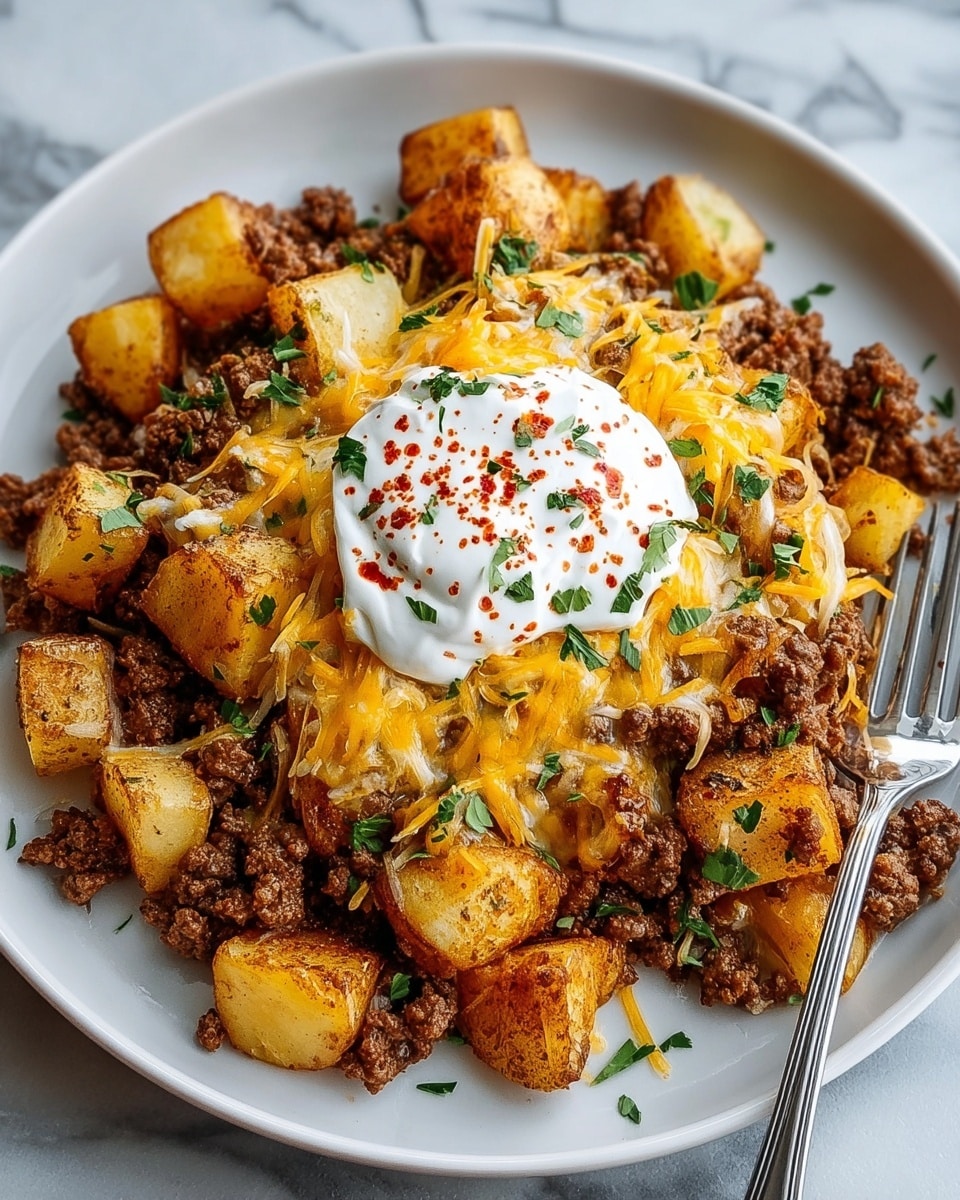 A white bowl holds a layered dish starting with a base of golden brown roasted potato chunks spread evenly. On top, a layer of cooked ground beef is scattered, showing a rich, dark brown color with some texture. Melted yellow and white cheese covers much of the beef, oozing softly and mixing with the other ingredients. In the center, a generous dollop of white sour cream sits, sprinkled with red paprika powder and small fresh green herb leaves. A silver fork rests on the right edge of the bowl, all placed on a white marbled surface with a blue and white striped cloth partially visible. Photo taken with an iphone --ar 4:5 --v 7