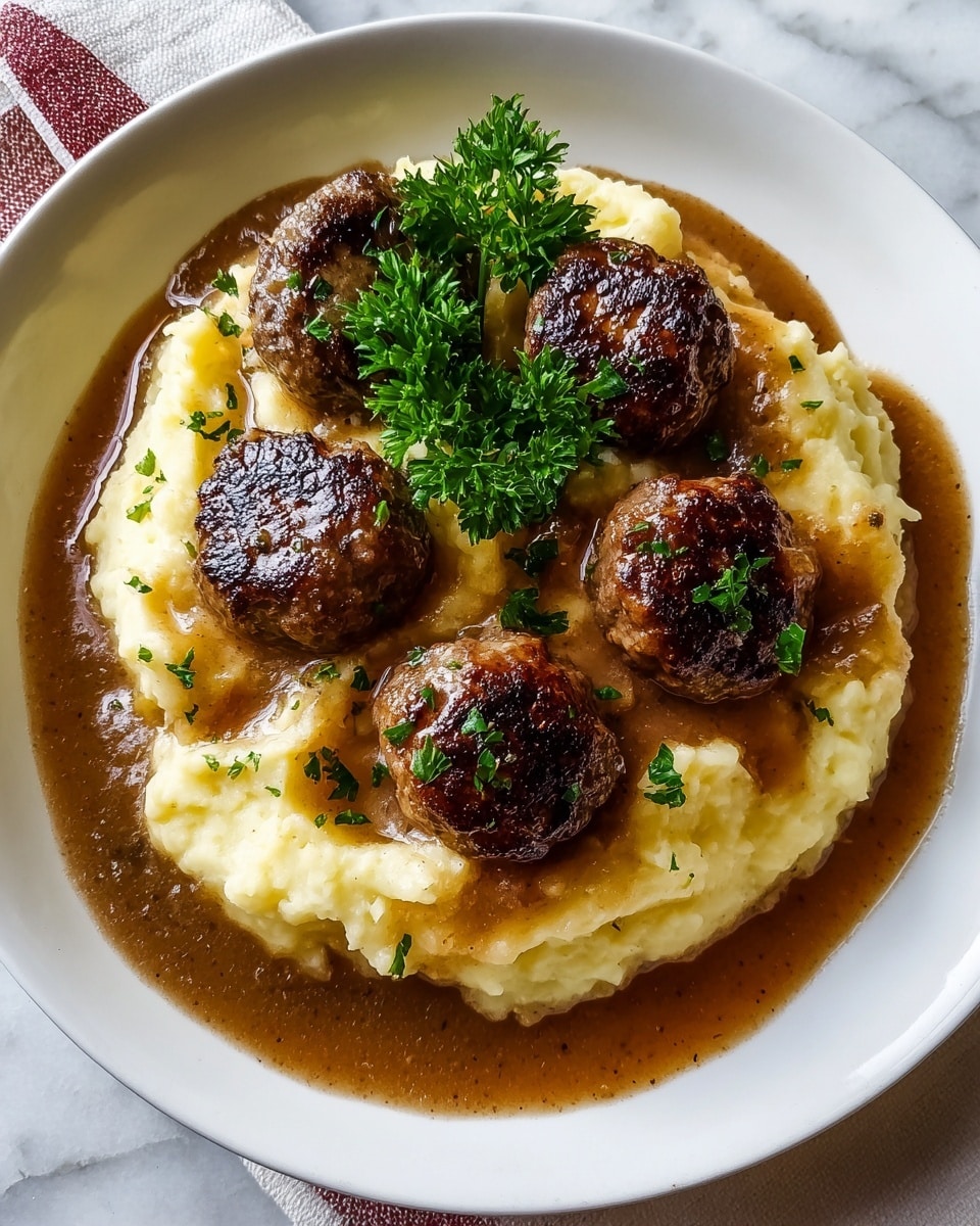 A white bowl contains a dish with two main layers. The bottom layer is a smooth, creamy mashed potato that is pale yellow with some soft, uneven peaks and folds. Surrounding this is a rich brown gravy that fills the base of the bowl. On top of the mashed potatoes are four small round meatballs, browned with a slightly crispy texture and garnished with small flecks of green herbs. There is a fresh green parsley sprig placed near the meatballs adding a pop of bright color. The whole dish is sprinkled lightly with chopped herbs, and the bowl rests on a white marbled surface. photo taken with an iphone --ar 4:5 --v 7