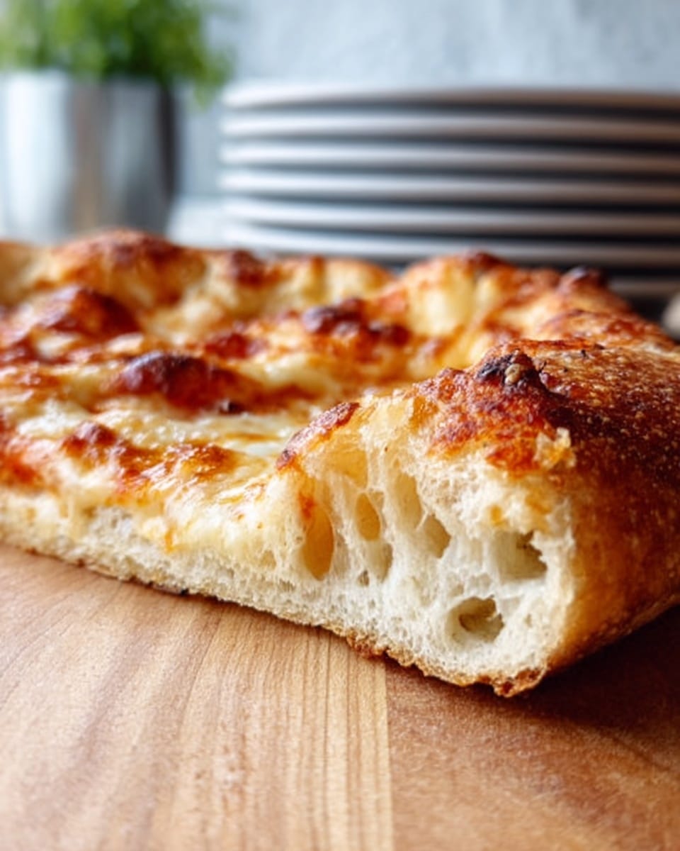 A close-up image of a slice of pizza resting on a wooden surface, showing a thick, airy, golden-brown crust with a crispy outer edge and a soft, bubbly inside. The slice is topped with melted, slightly browned cheese that covers the top evenly with small golden spots. The background is softly blurred with stacked white plates visible. The overall lighting is natural and warm, highlighting the texture of the crust and cheese. Photo taken with an iphone --ar 4:5 --v 7