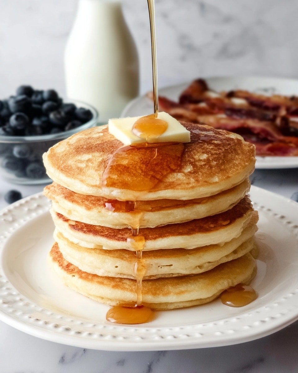 A stack of six golden-brown pancakes sits in the center of a white plate, each pancake showing a soft, fluffy texture with lightly browned edges. On top of the stack is a square pat of creamy butter slowly melting under a steady drizzle of amber syrup flowing down the sides and pooling slightly on the plate. The plate rests on a white marbled surface, with a blurred background showing a jar of blueberries and crispy bacon on a plate. The overall look is warm and inviting, highlighting the rich syrup's shine and the pancakes' light, airy layers. photo taken with an iphone --ar 4:5 --v 7