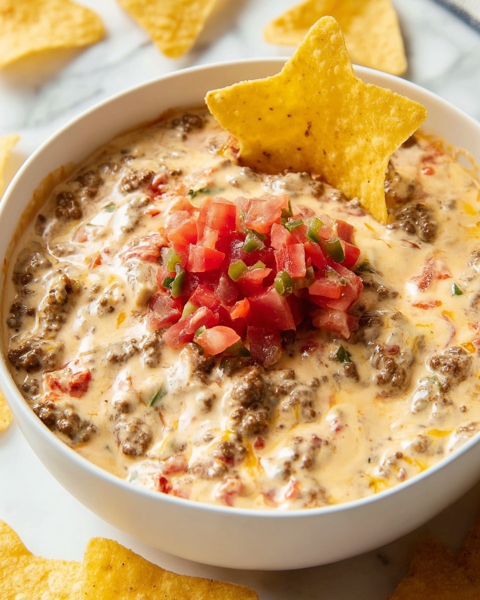 A close-up view of a white bowl filled with thick, creamy taco dip showing three visible layers: the base layer is a light brown, smooth mixture containing small chunks of browned ground beef and bits of red and green peppers; the top layer is a generous spoonful of chopped bright red tomatoes with hints of green peppers, creating a fresh contrast; two large curved crispy tortilla chips are partly dipped into the bowl from the top edge. The bowl sits on a white marbled surface with some tortilla chips scattered around it. photo taken with an iphone --ar 4:5 --v 7