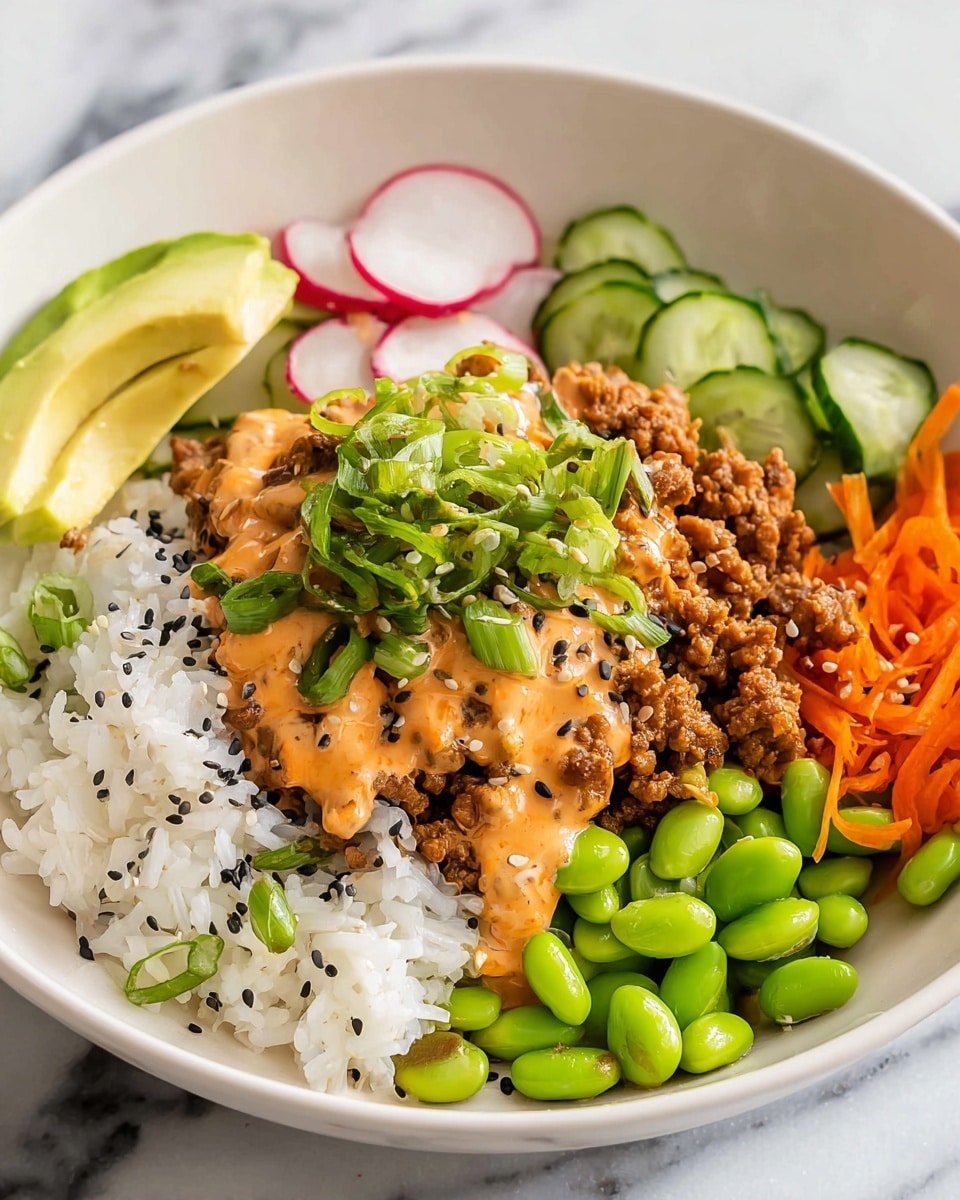 A white plate holds a layered dish starting with a base of white rice sprinkled with small black sesame seeds. On one side, there is cooked ground meat covered with a creamy orange sauce, topped with chopped green onions and more black sesame seeds. Surrounding the main layers are fresh, cut green cucumber slices, bright orange shredded carrots, green edamame beans, thin radish slices with red edges, and avocado slices with green onion slices on top. The plate is set on a white marbled surface. photo taken with an iphone --ar 4:5 --v 7