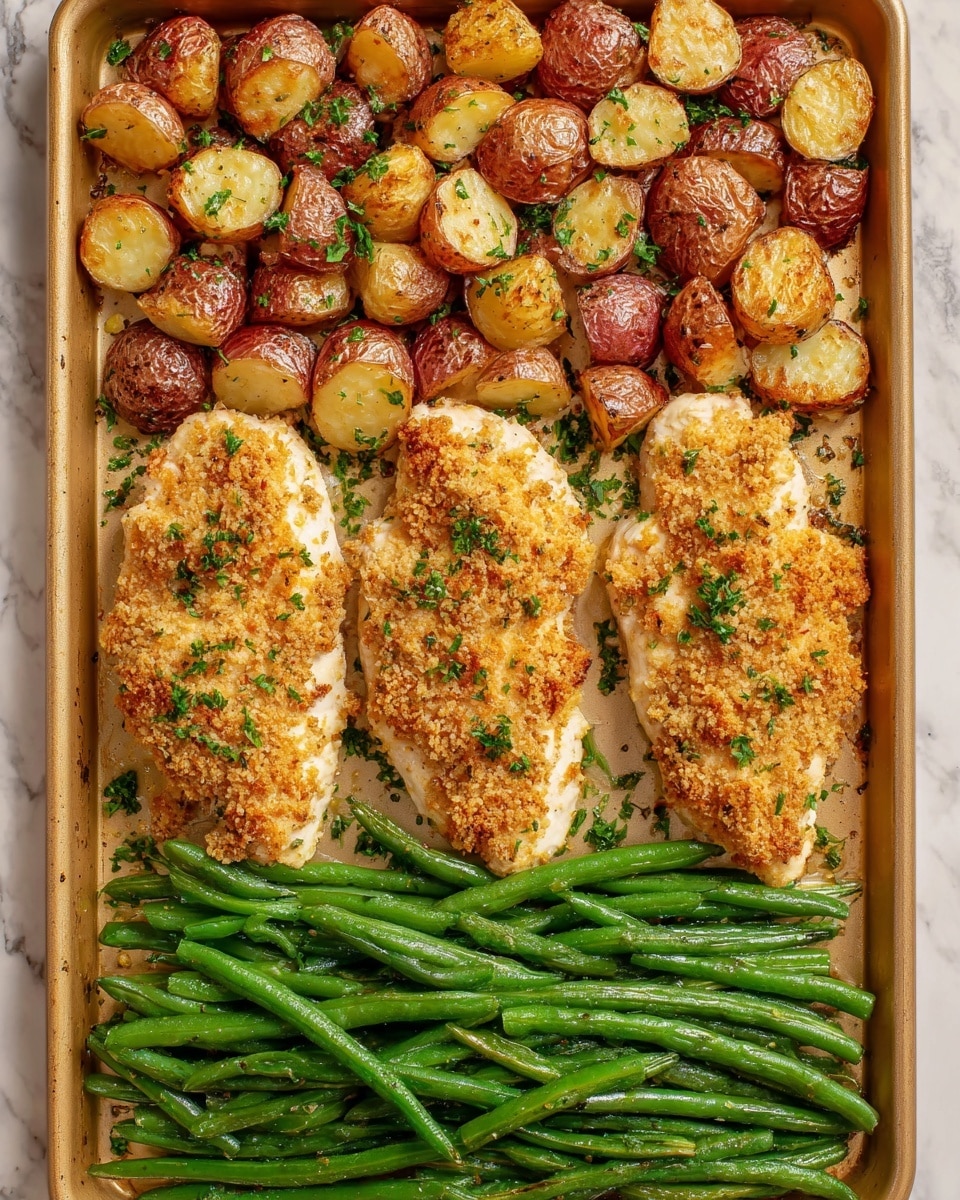 A large gold baking sheet filled with a meal in three horizontal layers: the bottom layer is a row of shiny, cooked green beans with a smooth texture, the middle layer consists of three golden-brown baked chicken breasts covered with a crispy breadcrumb topping sprinkled with small green herbs, and the top layer features a mix of roasted red-skinned potato chunks with light golden edges and white flesh, also dusted with green herb bits. The baking sheet is set on a white marbled surface. photo taken with an iphone --ar 4:5 --v 7