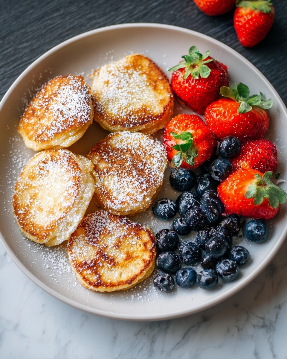 The image shows a white plate with five round, golden-brown pancakes arranged in a slight curve on the left side, each pancake dusted with white powdered sugar giving a light, snowy look. On the right side of the plate, there is a small pile of fresh fruit including whole strawberries with green leaves, sliced strawberries showing bright red and white inside, and round, plump blueberries in deep blue and purple shades. The plate is placed on a white marbled surface that adds a clean and soft background to the colorful and textured elements on the plate. The scene is brightly lit, highlighting the warm, crispy edges of the pancakes and the fresh shine on the berries. Photo taken with an iphone --ar 4:5 --v 7