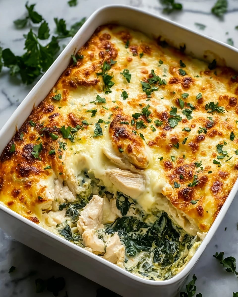 A white rectangular baking dish filled with a creamy baked casserole that has three main layers: the bottom layer is tender cooked spinach leaves with a deep green color, the middle layer consists of chunky, cooked white chicken pieces mixed with a light creamy sauce, and the top layer features melted golden brown cheese with small crispy spots and sprinkled fresh green parsley leaves all over. One corner of the casserole has a scoop taken out, showing the three clear layers inside. The dish is placed on a white marbled textured surface with a grey cloth and some fresh parsley nearby. photo taken with an iphone --ar 4:5 --v 7