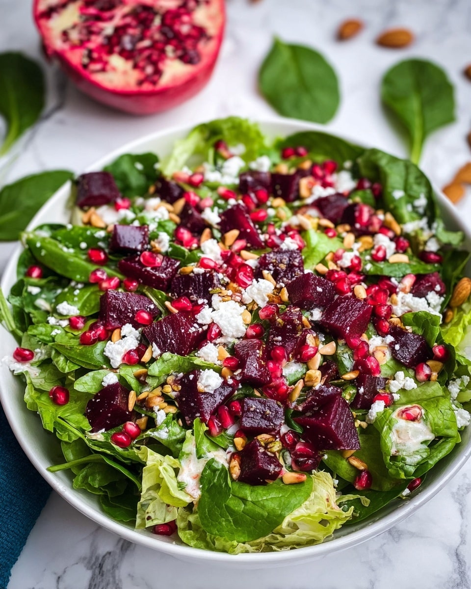 A white bowl holds a fresh salad with three main visible layers: the bottom layer is a mix of green leafy vegetables showing different textures, from smooth spinach leaves to light curls of lettuce; the middle layer has dark red, cubed beets evenly spread out; the top layer is scattered with bright red pomegranate seeds, creamy white cheese crumbs, and small tan pine nuts. The bowl sits on a white marbled surface with a half pomegranate visible above it and some green leaves around. photo taken with an iphone --ar 4:5 --v 7