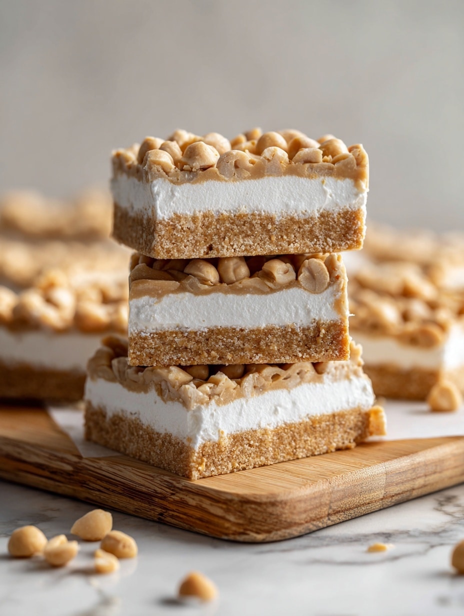 A close-up image shows three stacked Greek yogurt protein bars on a wooden board, each bar having three layers: a bottom layer of crunchy, golden brown granola, a thick middle layer of smooth, creamy white Greek yogurt, and a top layer sprinkled with golden roasted cashews. The bars have clean, straight edges with visible texture in each layer. The background has a soft focus with a white marbled surface underneath the board. photo taken with an iphone --ar 4:5 --v 7