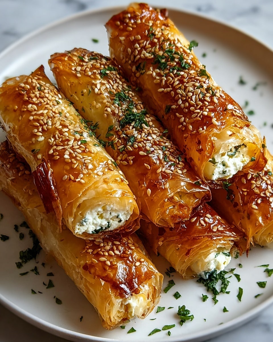 The image shows rolled phyllo pastries placed closely on a white plate with a white marbled texture background. Each pastry has a golden-brown, crispy, and layered outer crust with a shiny glaze on top. The pastries are filled with a white, crumbly cheese mixed with green herbs, visible at the open ends. The top of the pastries is sprinkled with toasted sesame seeds and fine green herb pieces, adding texture and color contrast. Small green herb leaves are also scattered around the plate, enhancing the presentation. Photo taken with an iphone --ar 4:5 --v 7