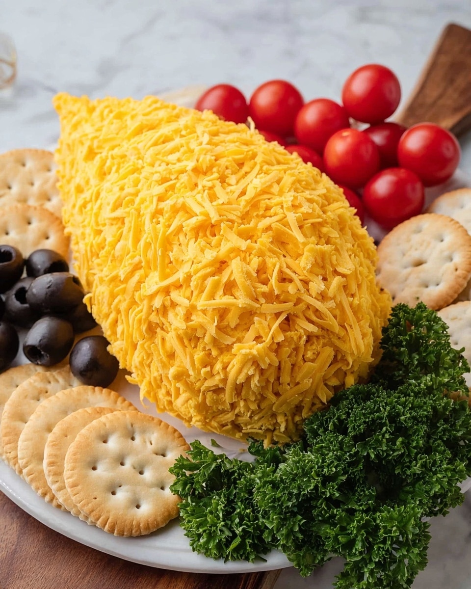 A large cheese ball shaped like a cone covered fully with bright yellow shredded cheddar cheese is placed in the center on a white marbled surface. Around it, there are round golden crackers on the lower right and left sides, some oval cream crackers on the top left, a cluster of small red grape tomatoes to the right, and a bunch of curly green parsley at the top back. There are also a few black olives on the lower left near the crackers. The scene shows a close-up view with a clear textured focus on the cheese ball. Photo taken with an iphone --ar 4:5 --v 7