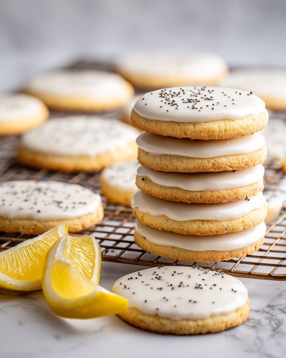 The image shows several lemon cookies with a white icing layer on top, each decorated with small black seeds or sprinkles. The cookies have a light golden brown color and appear soft. Some cookies are stacked in a neat pile in the center, while others are spread on a silver wire cooling rack. Two lemon wedges are placed in the foreground near the cookies. The whole scene is set on a white marbled surface, and a woman's hand is reaching toward the cookies on the rack. Photo taken with an iphone --ar 4:5 --v 7