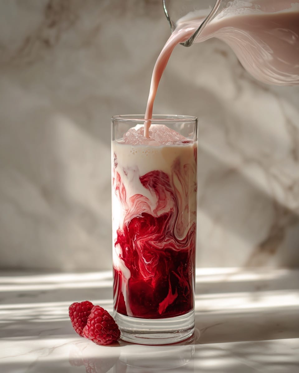 A tall clear glass stands on a white marbled surface, filled halfway with red liquid and ice cubes creating a swirling effect. A light pink creamy liquid is being poured into the glass from a tilted clear pitcher above, mixing gently to form a soft gradient from red at the bottom to pale pink foam at the top. A single red raspberry rests on the surface to the left of the glass. The background also shows a white marbled pattern, and the scene is bright with natural light casting soft shadows. photo taken with an iphone --ar 4:5 --v 7