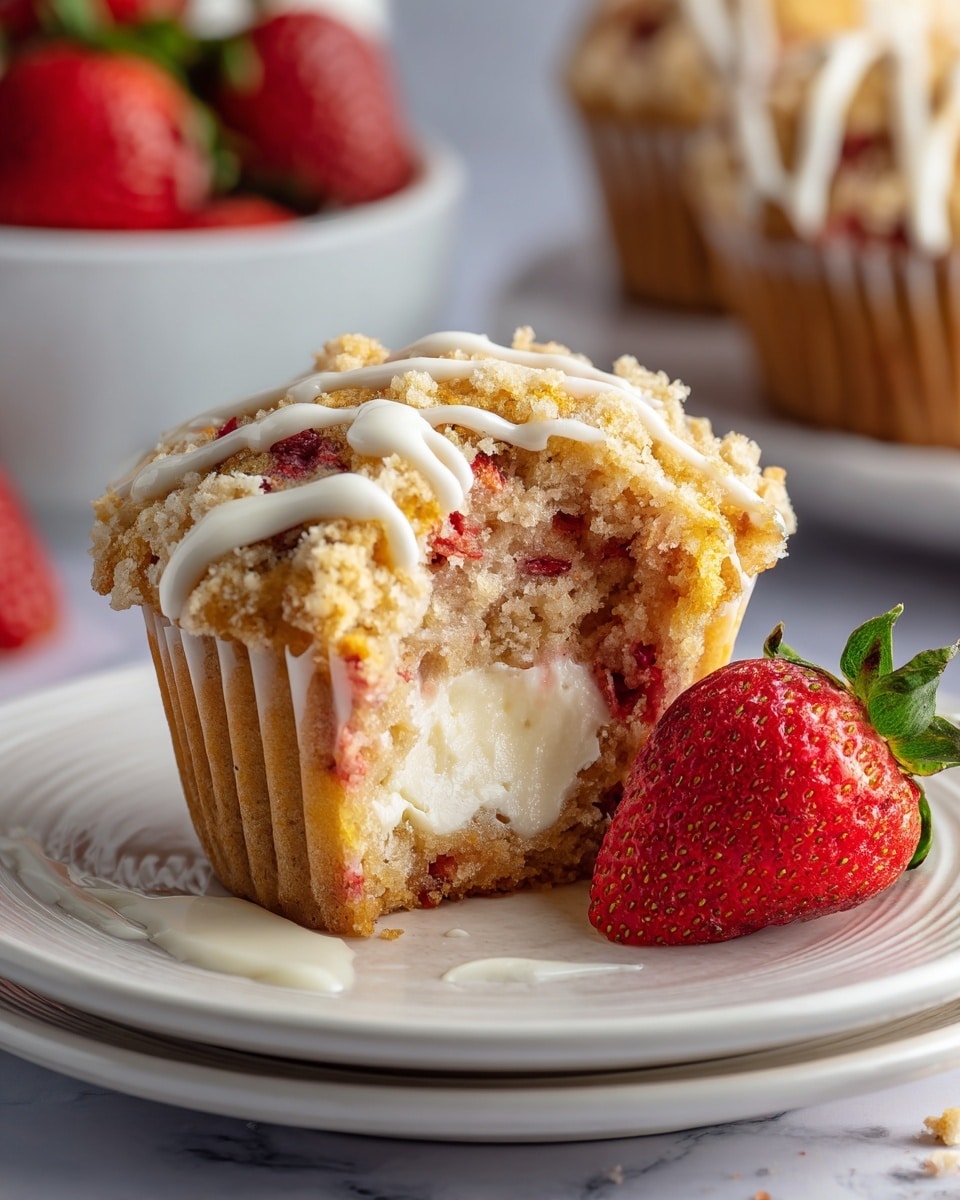 A close-up of a strawberry muffin with cream cheese filling; the muffin has three main layers visible: the bottom layer is golden brown muffin batter with bits of pink strawberry mixed in, the middle layer is a smooth, white cream cheese filling that appears soft and creamy, and the top layer is a crumbly golden streusel with small pieces of red strawberry and white icing drizzled over it. The muffin is on a white plate with a white marbled background, and a fresh strawberry is placed near the muffin. Photo taken with an iphone --ar 4:5 --v 7