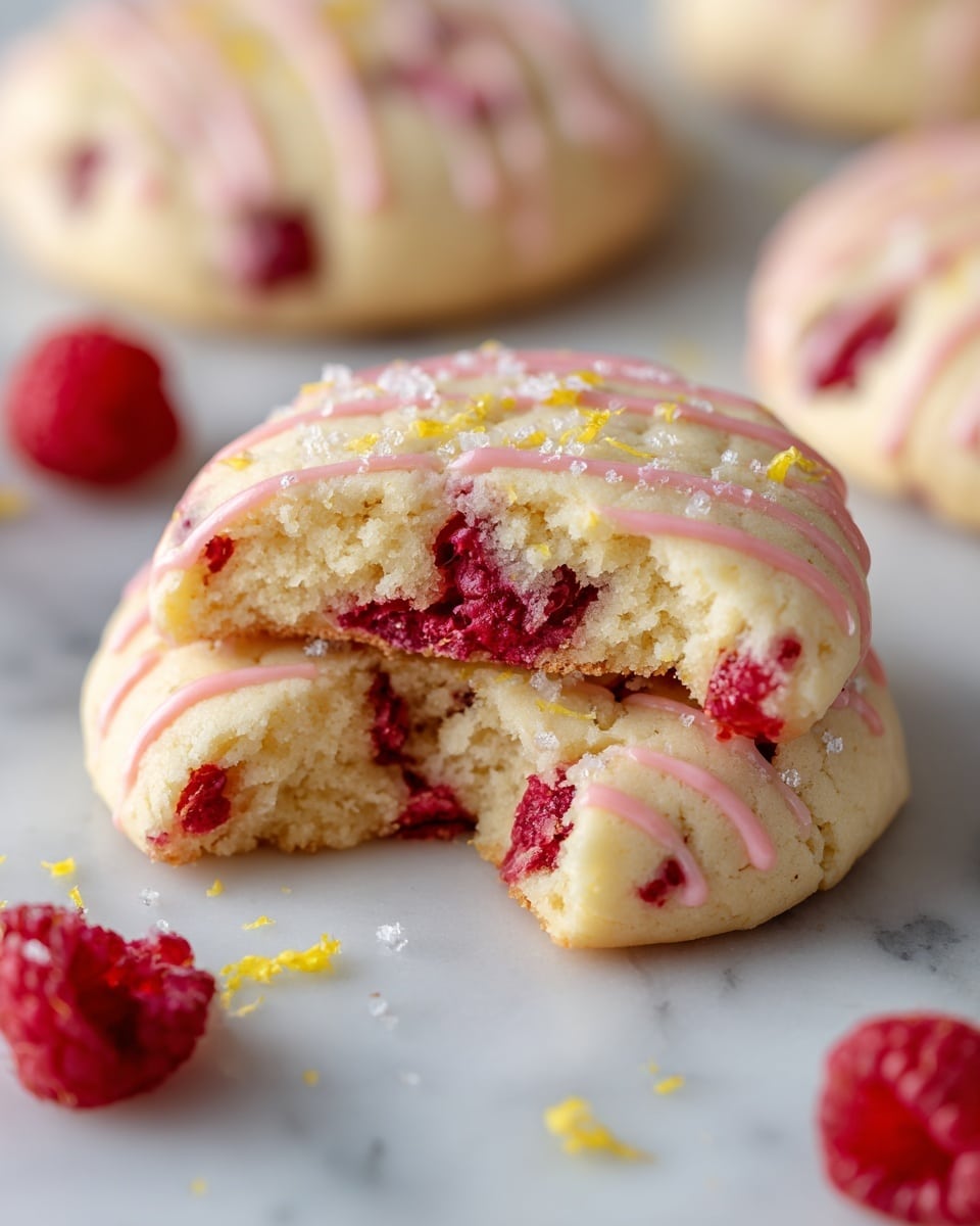 A round, soft cookie with a bite taken out shows three layers: the base is light cream with a soft texture, the middle and top layers have scattered bright red raspberry pieces mixed in, adding a rough, dotted look. Light pink icing is drizzled on top in a thin, uneven pattern with fine granules of sugar sprinkled across. Bright yellow lemon zest bits are dotted on the surface, enhancing the color contrast. The cookie sits on a white marbled texture with a few loose raspberries and crumbs nearby, creating a fresh and inviting look. photo taken with an iphone --ar 4:5 --v 7