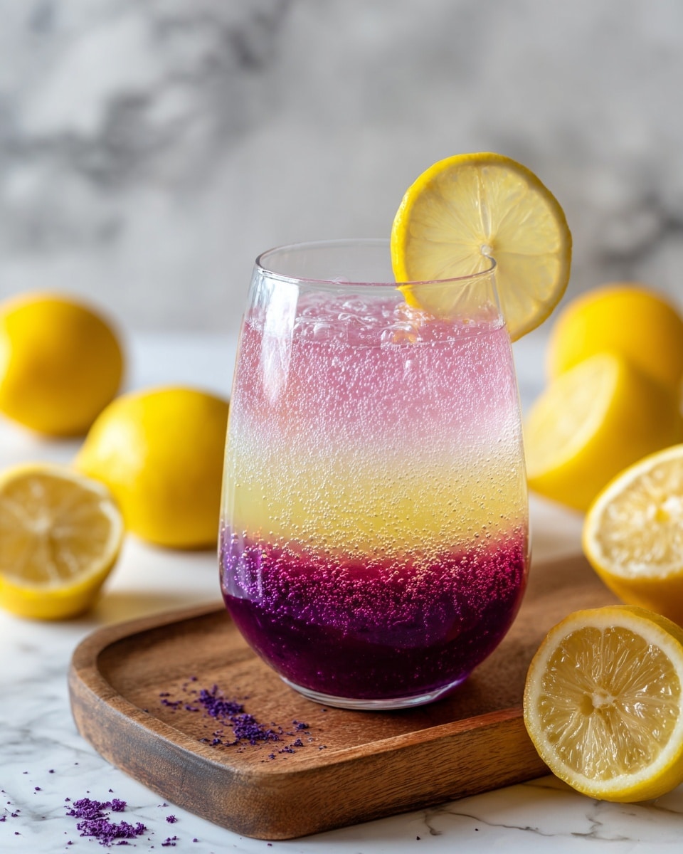 A tall clear glass filled with a three-layered sparkling drink sits on a rustic wooden board with a white marbled background. The bottom layer is a deep purple with visible bubbles, the middle is a lighter pinkish-purple fading softly into the top pale yellow layer. Small purple berries float at the top along with crushed ice, and a thick lemon slice is placed on the rim. There is a sugar rim around the glass top. Whole and halved bright yellow lemons rest behind the glass with a light cloth beside the board, making a fresh and vibrant setting. Photo taken with an iphone --ar 4:5 --v 7