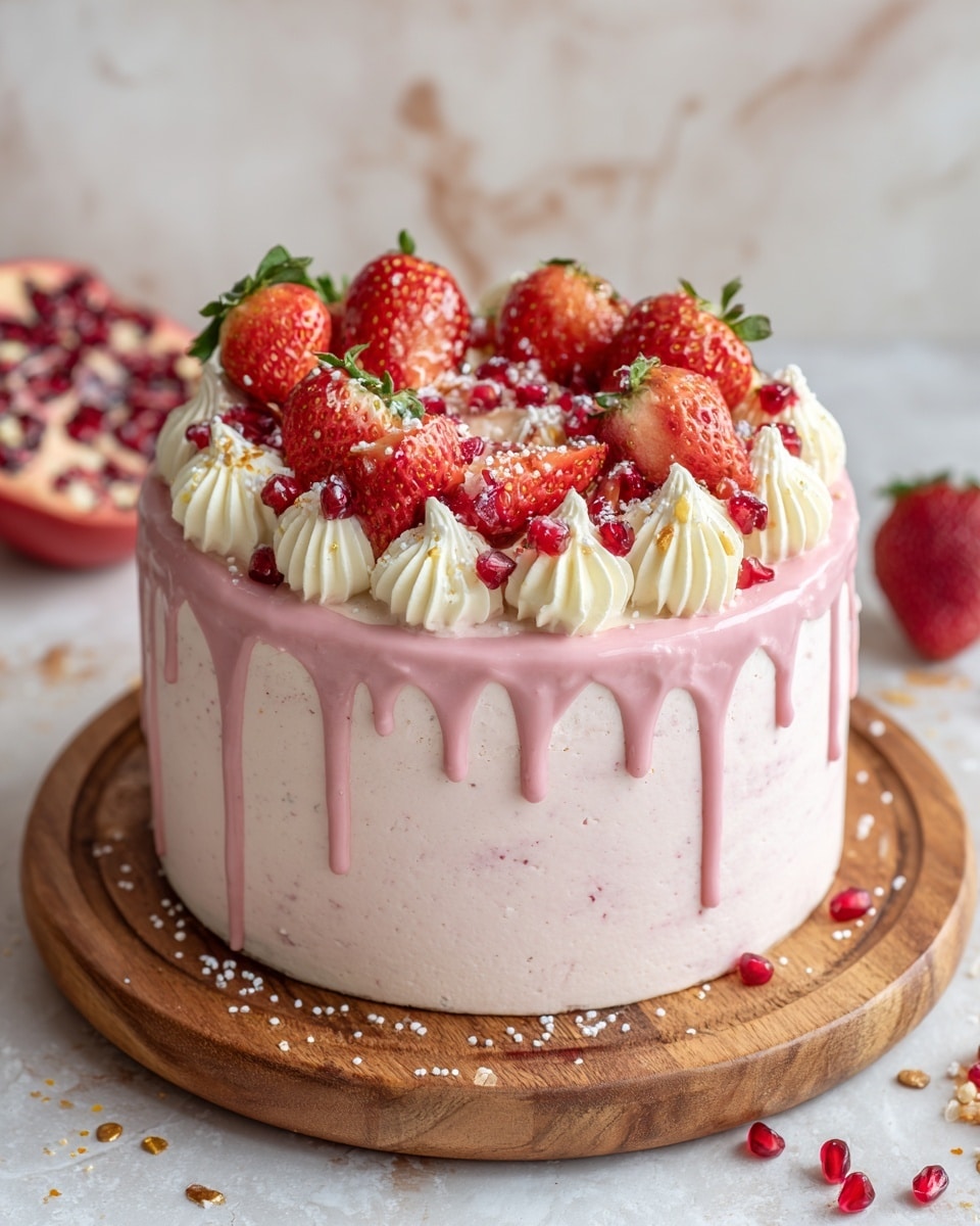 A tall, round cake with smooth light pink cream frosting as the base, topped with a layer of shiny pink glaze that drips down the sides in uneven streaks. Around the top edge, there are swirls of white whipped cream evenly spaced. On top, there is a mix of whole and halved fresh red strawberries with green leaves, scattered with bright red pomegranate seeds. The cake sits on a rustic wooden board, with a few more strawberries and pomegranate seeds placed around it on a white marbled surface. Photo taken with an iphone --ar 4:5 --v 7
