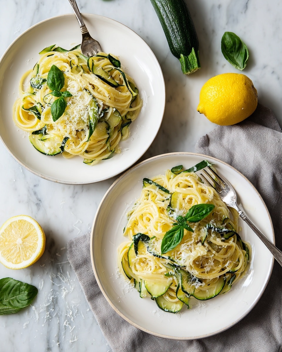 Two white plates with twirled layers of light yellow pasta and thin green zucchini slices mixed evenly throughout. Each plate has a small pile of grated white cheese sprinkled on top, garnished with a few fresh green basil leaves. The pasta and zucchini layers appear glossy and creamy. Each plate has a silver fork resting on the side. Around the plates, there is a fresh green zucchini, halved yellow lemon, and scattered basil leaves on a white marbled texture. A light beige and white striped cloth is placed underneath the larger plate. Photo taken with an iphone --ar 4:5 --v 7