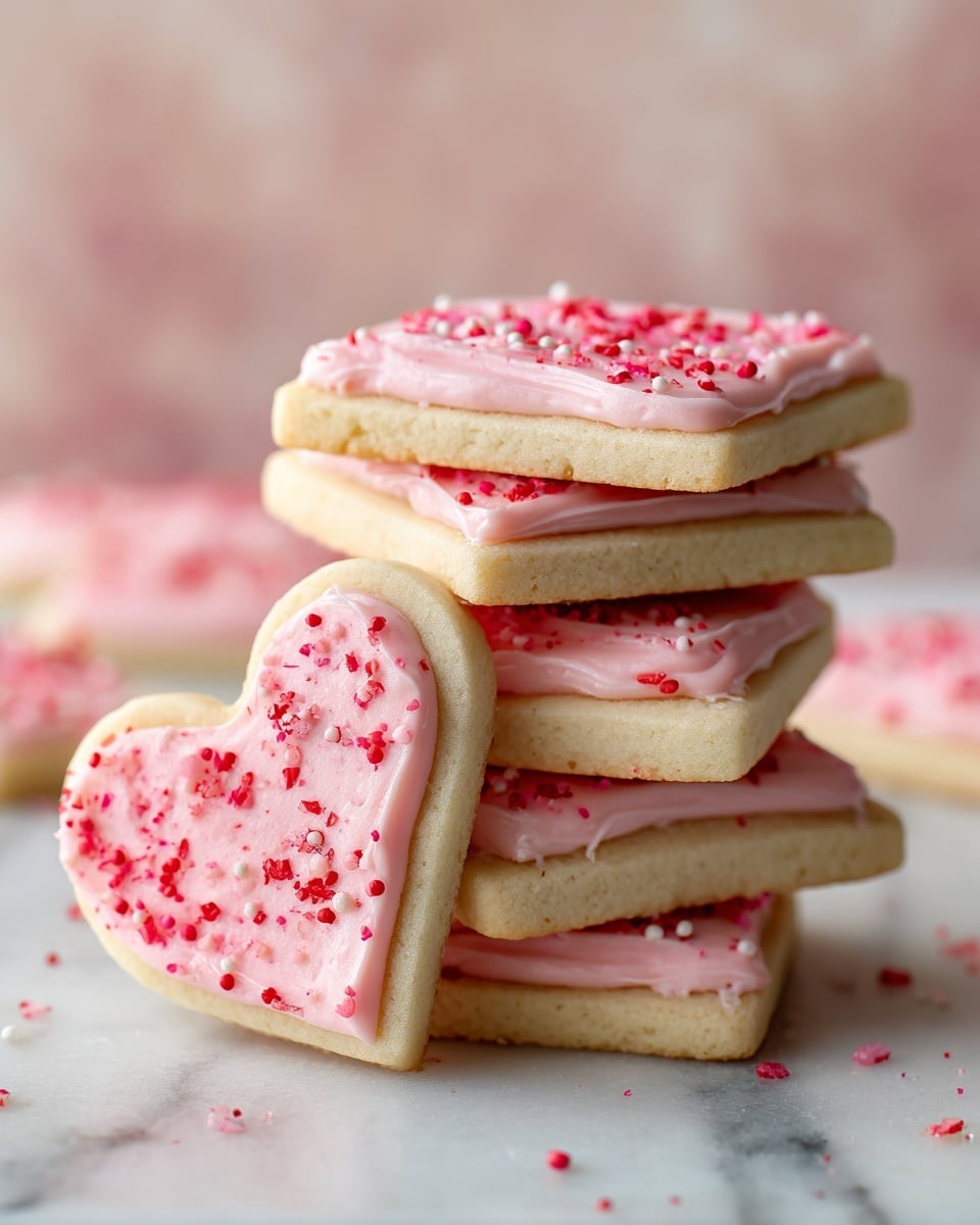 The image shows a close-up of five frosted cookies stacked on a white marbled surface. Four cookies are square-shaped and stacked neatly, each with a light beige base and a smooth pink frosting layer on top with small red specks spread throughout. The frosting slightly drips over the edges, adding texture. Leaning against the stack is a heart-shaped cookie with the same beige base and pink frosting with red specks, displaying a slightly shiny and soft texture. The background is blurred with soft pink and beige tones. Photo taken with an iphone --ar 4:5 --v 7