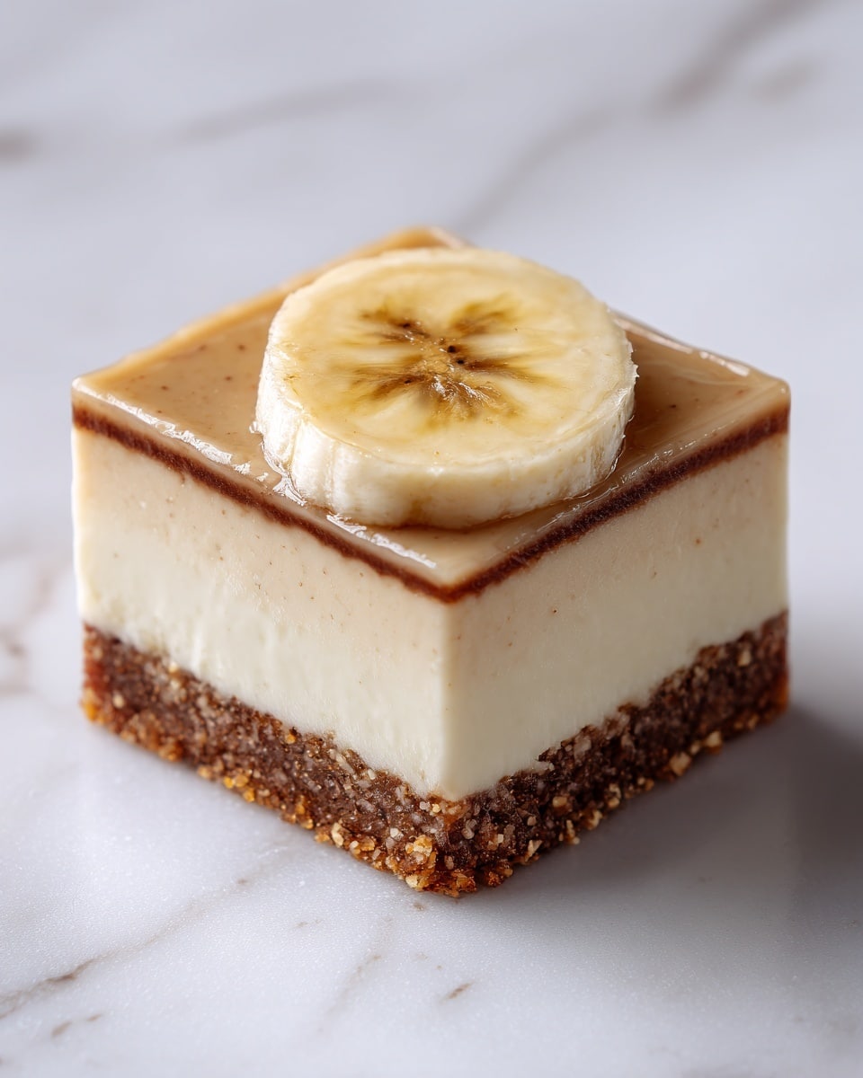 A square dessert bar with three visible layers sits on a white plate against a white marbled background. The bottom layer is dark brown and crumbly, resembling a firm crust. The middle layer is light beige, smooth, and dense, showing slight specks and a creamy texture. The top layer is a slightly darker beige topping with a glossy finish and small bits giving a rough texture. On top of the dessert, there is a thin slice of banana, light yellow with a soft texture and faint brown lines at the center. Photo taken with an iphone --ar 4:5 --v 7