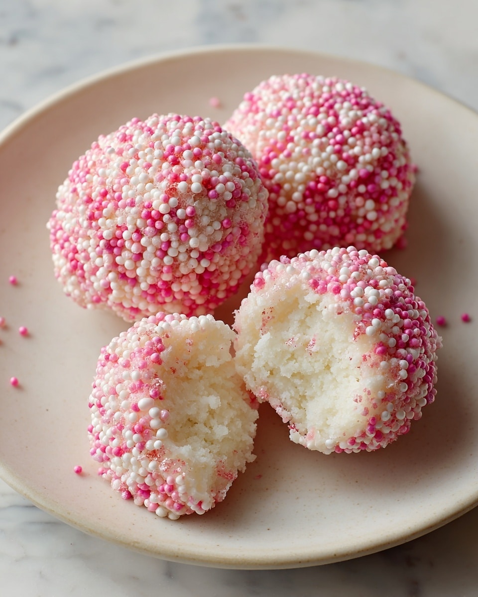 The image shows four soft, round sweets placed on a white plate, all covered with tiny pink and white round sprinkles that create a textured surface. One sweet is broken open at the front, revealing a fluffy and moist white inside with a slightly crumbly texture. The sweets have a thin outer layer of light pink color beneath the sprinkles, contrasting with the pure white inside. The plate rests on a white marbled surface, enhancing the soft pastel colors of the sweets, photo taken with an iphone --ar 4:5 --v 7