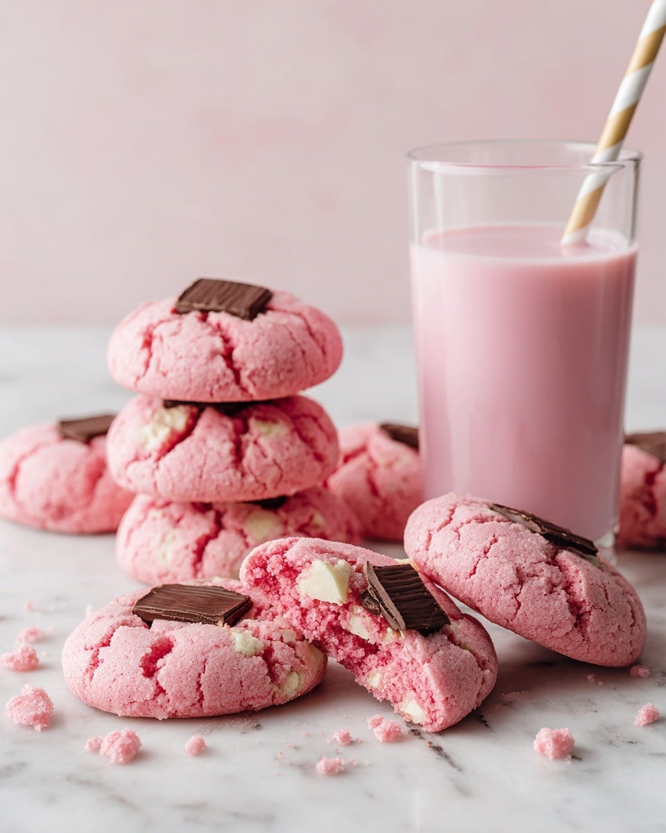 The image shows a group of pink cookies with dark brown chocolate pieces in the center, some whole and some broken, placed scattered on a white marbled surface. Behind the cookies, there is a tall glass filled with a light pink milkshake, with a striped straw inside. The cookies have a cracked texture, showing a soft inside with white and yellow parts visible in the broken pieces. photo taken with an iphone --ar 4:5 --v 7