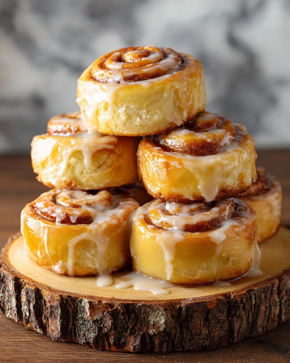 Five cinnamon rolls with a golden-brown color and visible darker cinnamon swirls are arranged casually on a round wooden board with a bark edge. The rolls have a soft, fluffy texture with some shiny glaze of light brown icing dripping and pooling slightly on and around them. The wooden board is placed on a white marbled textured surface, and the top left corner shows part of a brown apron and a glass container partially visible in the top right. Photo taken with an iphone --ar 4:5 --v 7