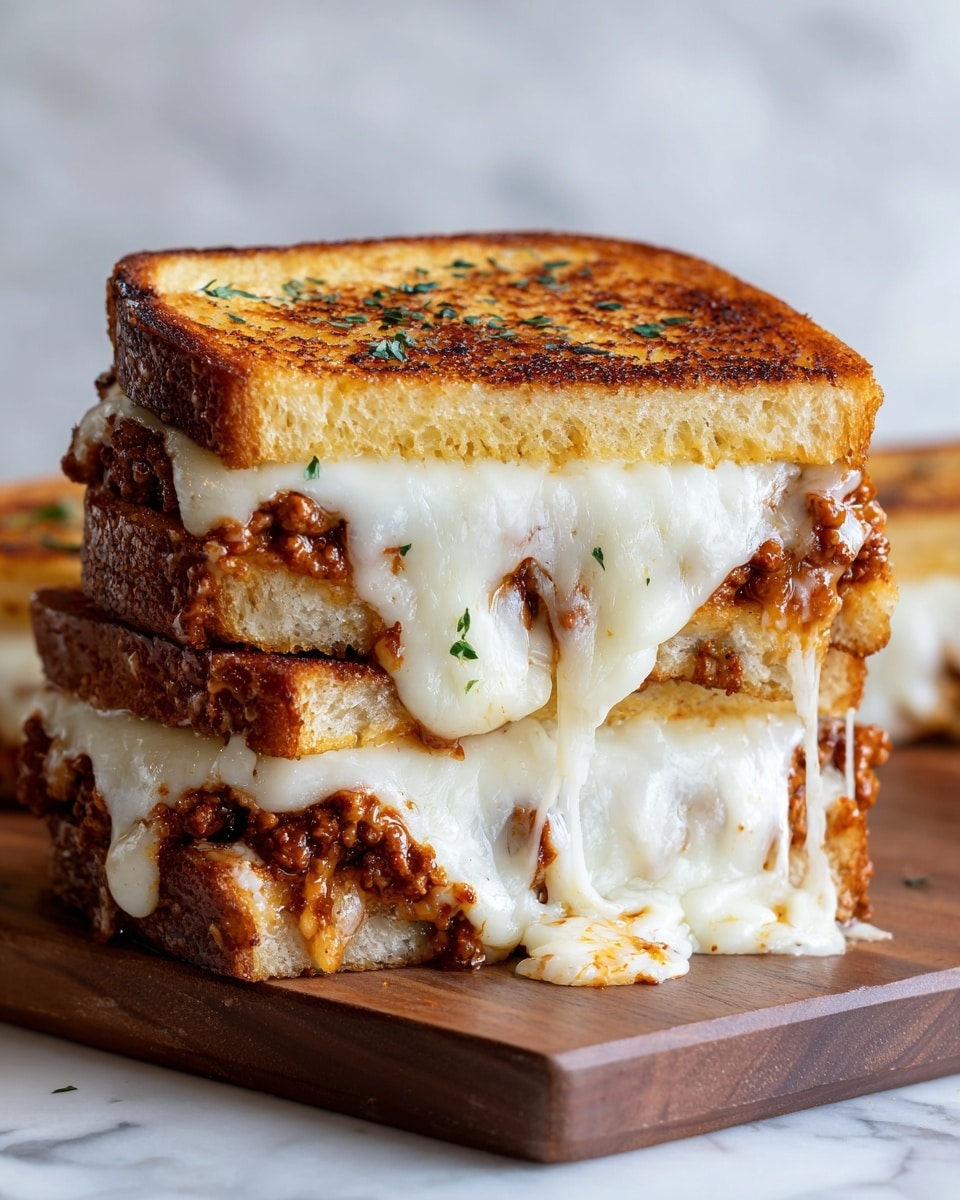 The image shows a grilled sandwich with two thick slices of toasted bread that are golden brown with some char marks, topped with small bits of green herbs. Between the slices, there is a layer of melted cheese that is stringy and gooey, dripping slightly from the edges. Below the cheese, there is a rich, brown filling that looks like a mix of cooked meat and sauce, giving a textured look with bits and pieces visible. The sandwich is placed on a white wooden surface with some crumbs and herbs scattered around, and a woman's hand is seen holding one side of the sandwich. Photo taken with an iphone --ar 4:5 --v 7