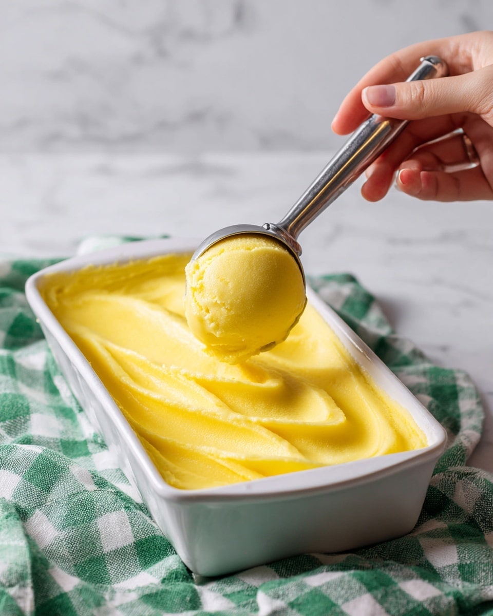 A close-up shot of a white rectangular dish filled with a smooth, thick layer of bright yellow creamy texture, looking like mango or lemon sorbet. The dish shows a clean, soft surface with some curved patterns from scooping. A woman’s hand holds a silver metal ice cream scoop, lifting a rounded, glossy scoop of the yellow sorbet from the dish. The background has a green and white checkered cloth on a white marbled surface. photo taken with an iphone --ar 4:5 --v 7