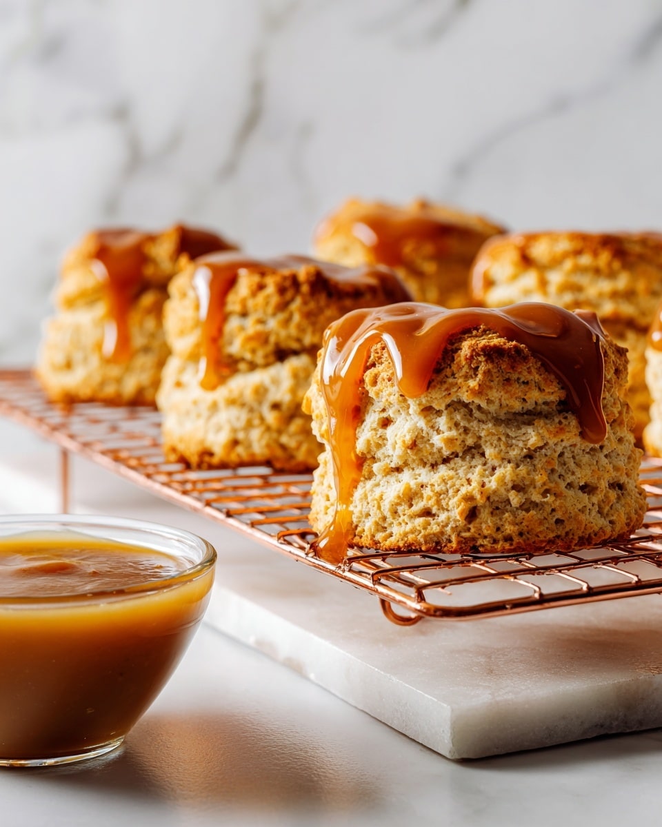 A close-up view of several oatmeal cookies with a rough, crumbly texture and golden-brown color, each topped with a thick layer of glossy caramel sauce that drips down the sides. The cookies are placed on a copper cooling rack, and next to them is a clear round bowl filled with smooth caramel sauce, showing tiny air bubbles on its surface. The background is a white marbled texture, adding light contrast to the warm tones of the cookies and caramel. photo taken with an iphone --ar 4:5 --v 7