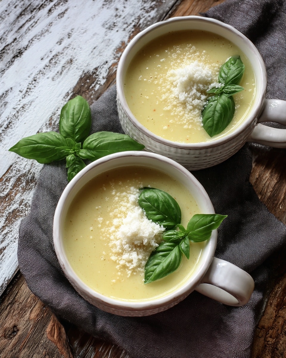 Two cups of smooth, creamy pale yellow soup sit inside gray ceramic cups with a soft matte texture and horizontal ridges. Each cup is topped with a small pile of white crumbly cheese and a single bright green basil leaf placed on one side of the cheese. The cups rest on a worn rustic wooden surface with blue and brown tones, partially covered by a dark gray cloth to the left. The background is softly blurred, focusing on the two cups with the front one sharper and the second cup slightly out of focus behind it. photo taken with an iphone --ar 4:5 --v 7